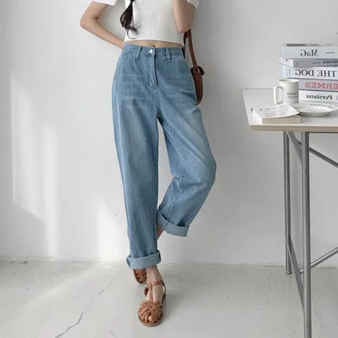 [옷자락]여자 배기팬츠 SS 휴양지룩 하프밴딩 면원단 청바지