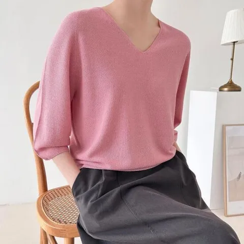 여성 브이넥 홀가먼트 벌룬핏 7부소매 린넨 봄 니트