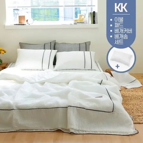 호텔식 여름 침구 뱀부 시어서커 60수 아사 순면 먼지없는 차렵 이불 가벼운 슈퍼싱 라지킹 KK 침대 패드세트 + 베개솜