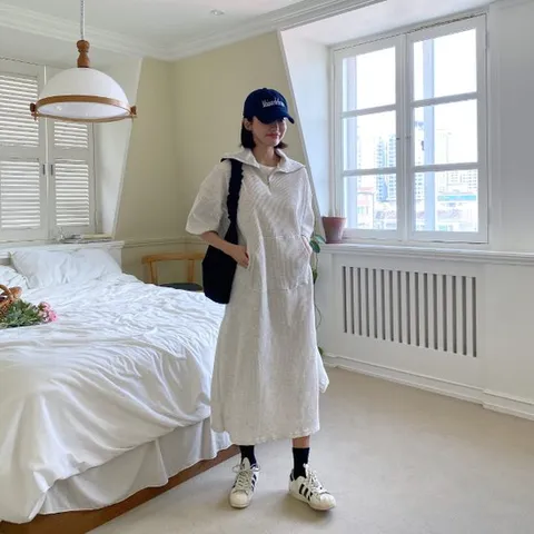 [리엘라]페이즐 반집업 카라 와플 롱원피스