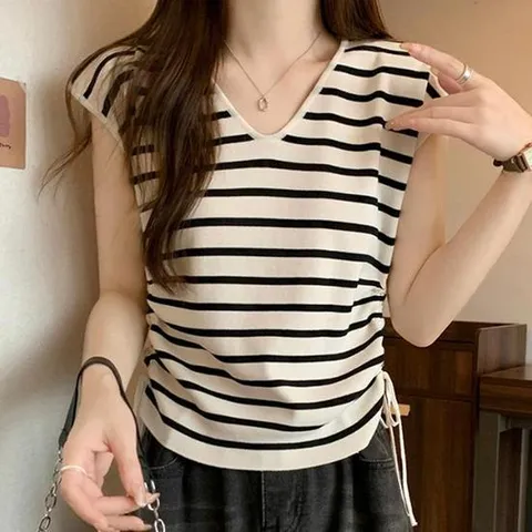 스트라이프 패턴 사이드 스트링 민소매티 캡소매 반팔