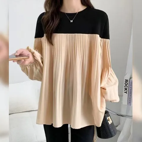 [이쁘다] 몬테 배색 긴팔 플리츠 롱 블라우스