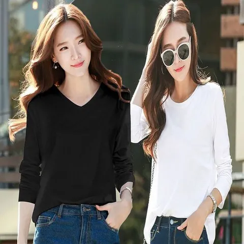 여성 루즈핏 V넥 라운드넥 무지 긴팔 티셔츠 데일리