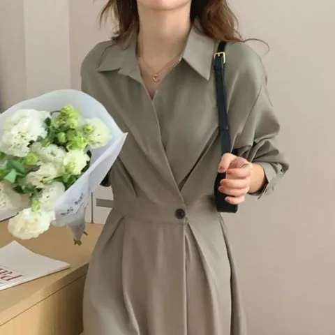 G125841_뒷밴딩 단추여밈 셔츠형 롱원피스 정장원피스 고급