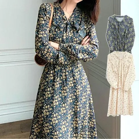 [깨비몰]여성 봄가을 쉬폰 리본 프릴 꽃무늬 롱원피스