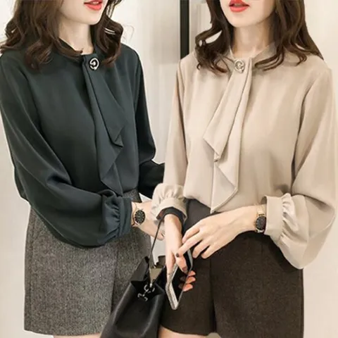 [여성 하객룩 추천] 여성 브로치 타이 긴팔 블라우스