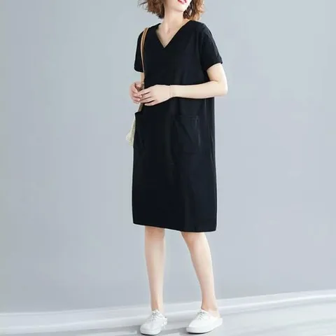 여자 브이넥 무지 포켓 블랙 반팔 원피스 캐주얼 여름