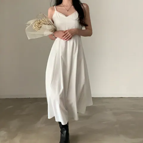 슈팅스타 /  빠른출고 레이스 끈나시 A라인 스트랩 뷔스티에 롱 원피스