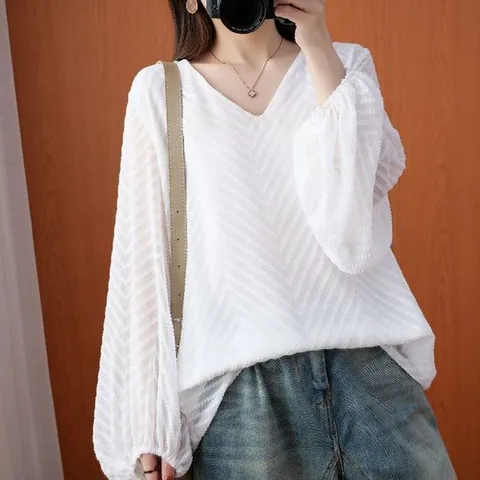 여성 봄 가을 패턴 브이넥 벌룬 긴팔 블라우스 화이트