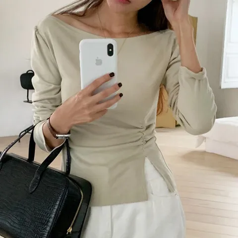 [드레스날다]말라보여 보트넥 트임 셔링 슬림 긴팔 티셔츠