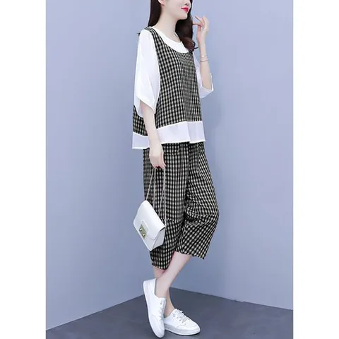 여성 여름 체크 블라우스 7부 바지 이지웨어 상하세트