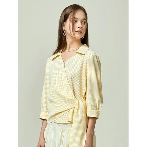 [이앤씨]EnC 옐로우 체크 리본 블라우스 ENBA32602Y