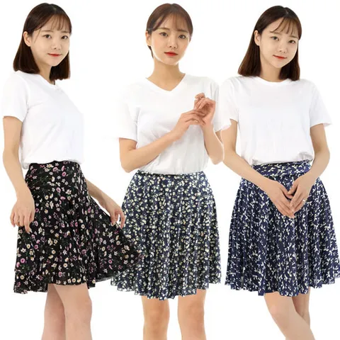 꽃 무늬 플레어 스커트 캐주얼 하이 웨이스트 미니 스커트 여성