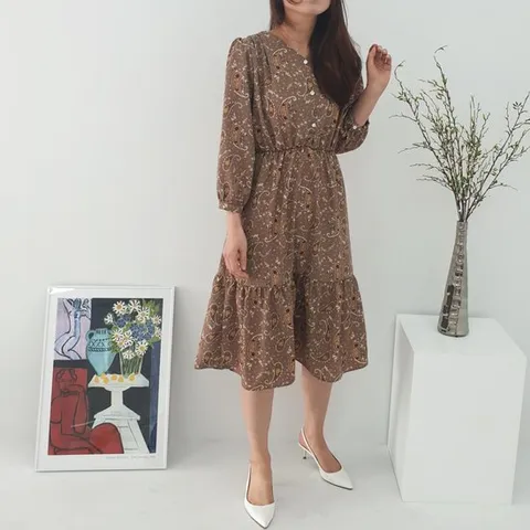 [엠지] 쉬폰 롱 원피스 결혼식 하객룩 봄 가을 긴팔 40대 50대