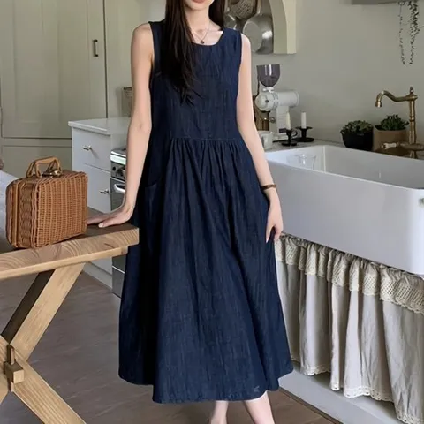 여성 봄 여름 데일리 민소매 데님 롱 원피스