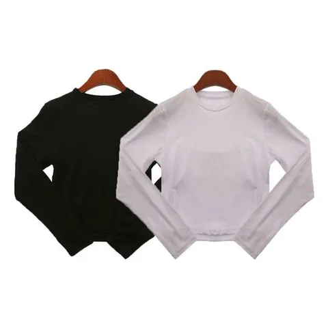 데일리복 여성 크롭 긴팔티 무지 티셔츠 라운드넥 스판 신축성