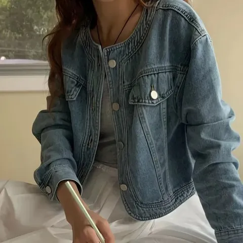 여성 봄 여름 간절기 노카라 데님 자켓