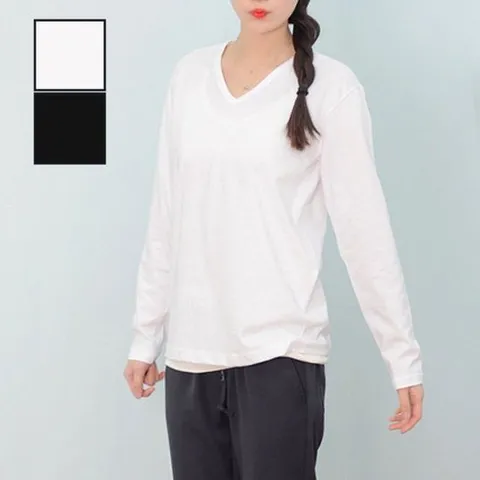 빅사이즈 기본 스타일 가벼운 소재 브이넥 여성 긴팔 티셔츠