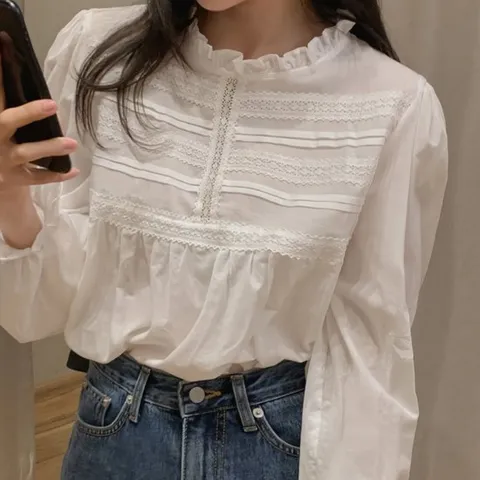 [휴드] 화이트 러플 펀칭 긴소매 블라우스