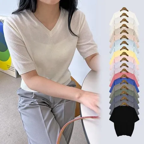 스탠다드 핏  브이넥 캐시 반팔 니트 기본티셔츠