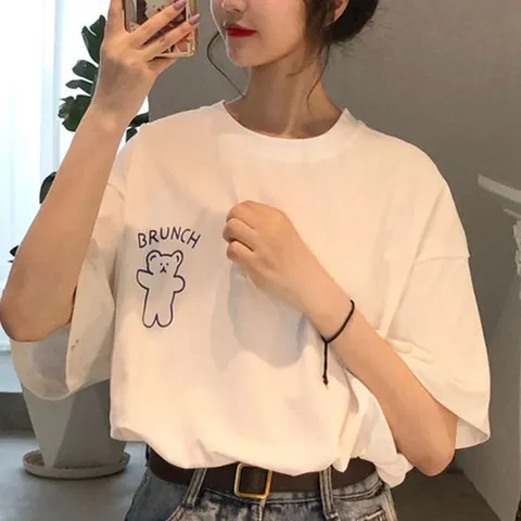 여자맨투맨 곰돌이 프린팅 포인트 여성 여름 오버핏 반팔 티셔츠
