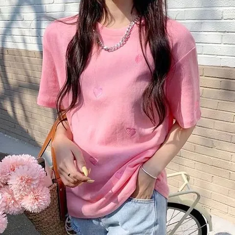 여름맨투맨 러블리 반팔 티셔츠 여자 라운드넥 데이트 여친룩