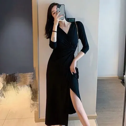 여성 브이넥 랩 원피스 롱 트임 원피스
