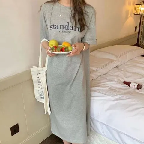 레터링 반팔 롱 원피스 HH-D68