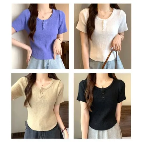 여성티셔츠 라운드넥 단추 포인트 여름 여성 니트 반팔 티셔츠