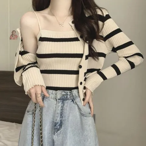 여성 배색 단가라 나시 가디건 세트 골지니트세트