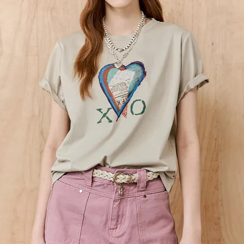 [MAXZA] 빈티지 하트 프린팅 크롭 반팔 티셔츠