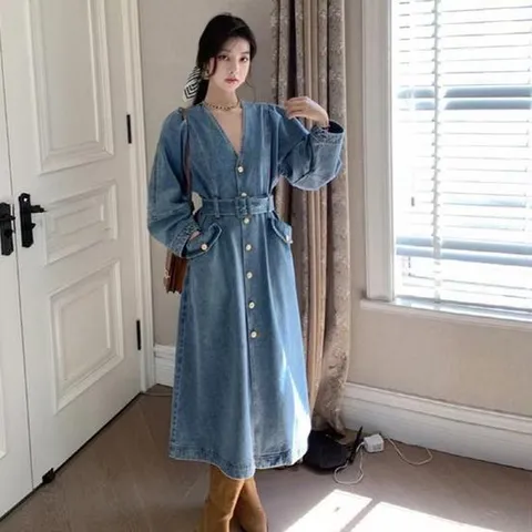 데님원피스 프렌치 고급 스몰카라 데님셔츠 롱 원피스