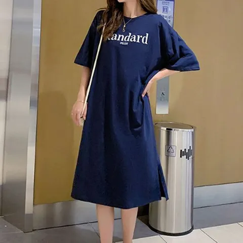 레터링 프린팅 반팔 롱원피스 마실룩 밑단트임 홈웨어