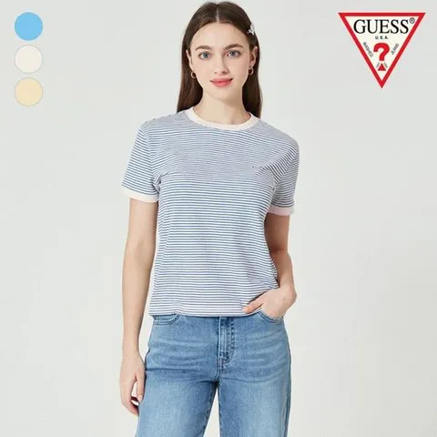 [게스]게스 여성  립 배색 골지 스트라이프반팔티_K OO2K1477
