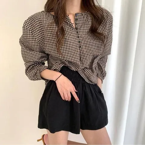 [프로셀러] 여자 벌룬 소매 잔체크 단추 블라우스 셔츠 퍼프