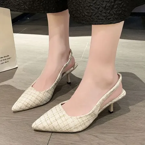 여성 봄 슈즈 스트랩 체크 패턴 포인트 스틸레토 힐