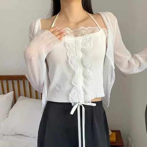 여자 홀터네크 비침 키치룩 카디건 레이스 세트