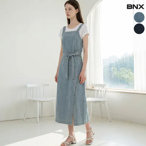[BNX] [BNX] [BNX] 데님 슬리브리스 허리끈 슬릿 원피스