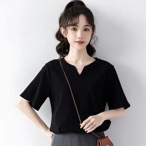빅사이즈반팔티 여자 깔끔한 블랙 색상 브이넥 스타일 반팔 티셔