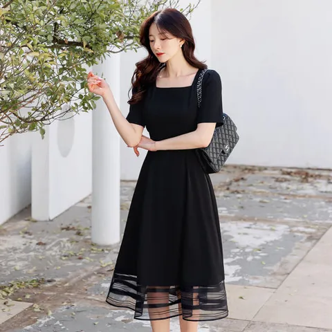 [시크라인] 로랑크 시스루 스퀘어넥 벨티드 플레어 원피스