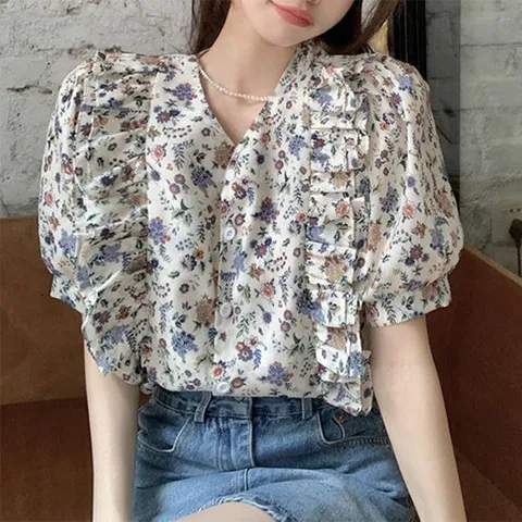 [페리엠]브이넥 프릴 러블리 반팔 블라우스 퍼프 델로블라우스