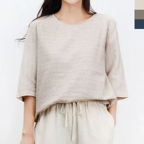 오늘의코디 자연스런핏 면린네 린넨여자라운드반팔티셔츠 기본티