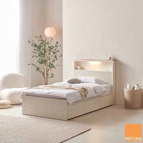 리퍼 아마르 원목 템바보드 LED조명 수납 서랍형 침대프레임 슈퍼싱글(SS)  화이트내추럴
