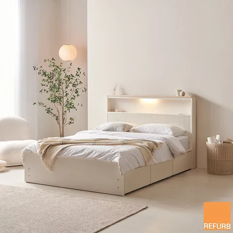 리퍼 아마르 원목 템바보드 LED조명 수납 서랍형 침대프레임 퀸(Q)  화이트내추럴