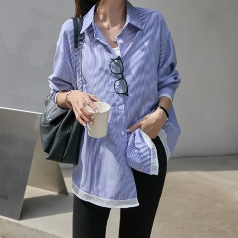 [나크21] (55~110) 배색 스트라이프 롱셔츠 NK41-T-16