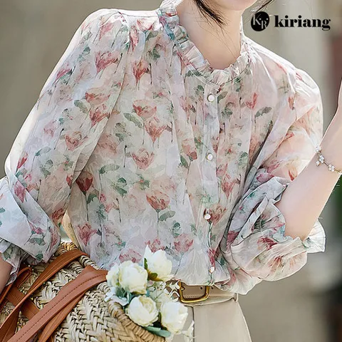 [키리앙][키리앙] 엔쵸 플로럴 프릴 쉬폰 블라우스