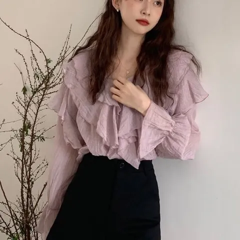 러블리 A라인 이중카라 브이넥 프릴 블라우스