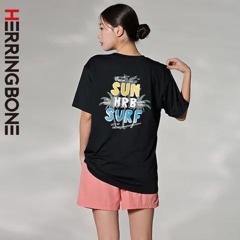 헤링본 여자 래쉬가드세트 루즈핏 반팔 반바지 보드숏 스윔팬츠 빅사이즈 비치웨어 RH368 AE300