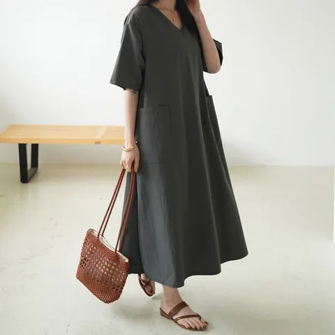 [하늘바라기]브이 바스락 A라인 롱 원피스