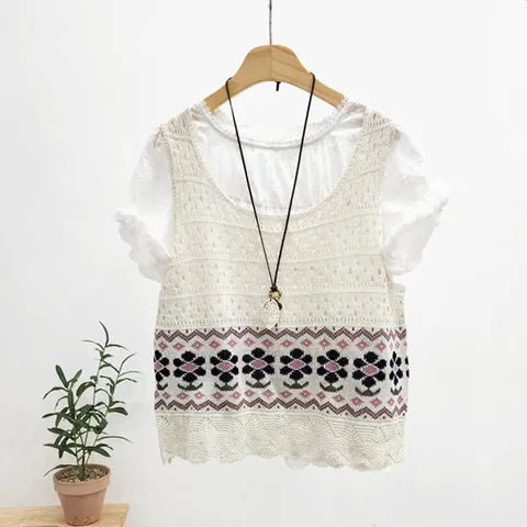 코튼 린넨 펀칭 플라워 나시 조끼 스카시 여름 니트